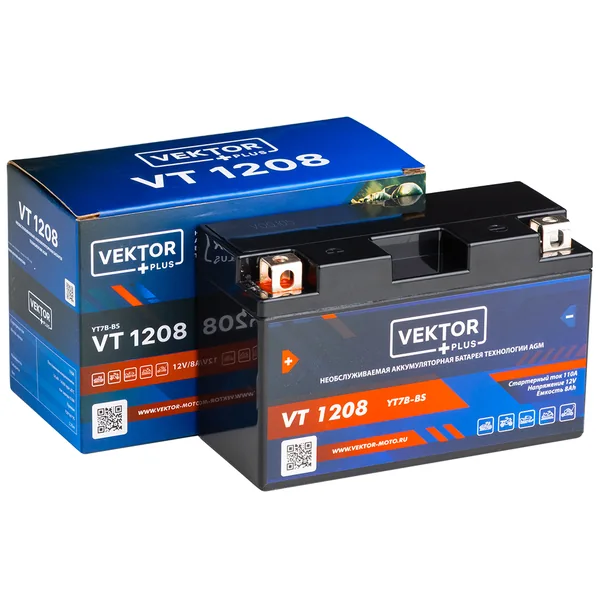 Аккумулятор VEKTOR PLUS 8 Ач 110 А, прямая полярность, YTX7A